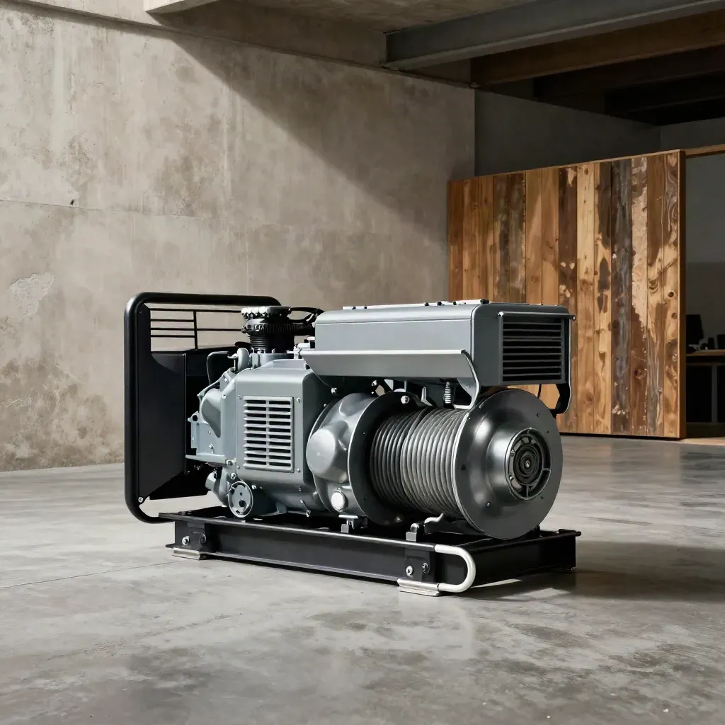 Silent diesel generator on skids in a clean concrete bay, lit by a dramatic raking beam.