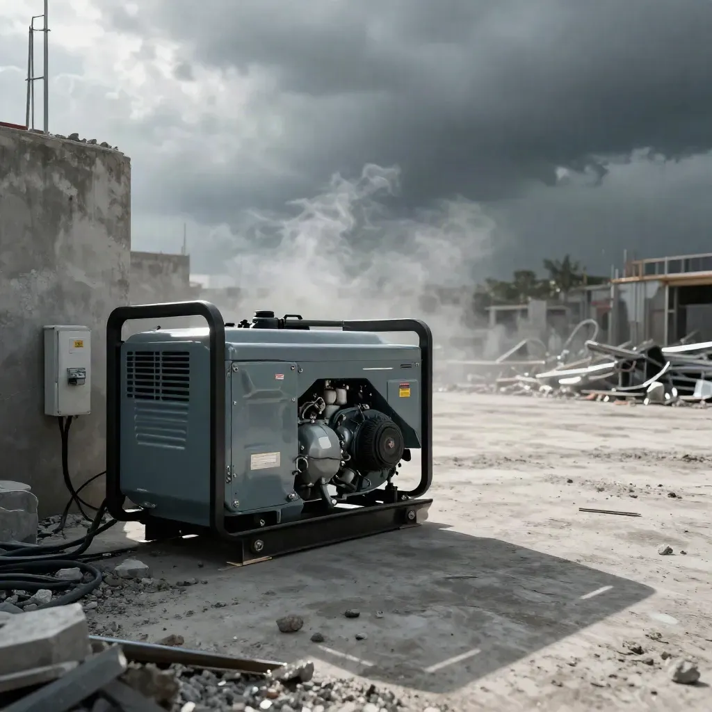 Silent generator, fuel cube, cable ramps and distribution box on a construction site