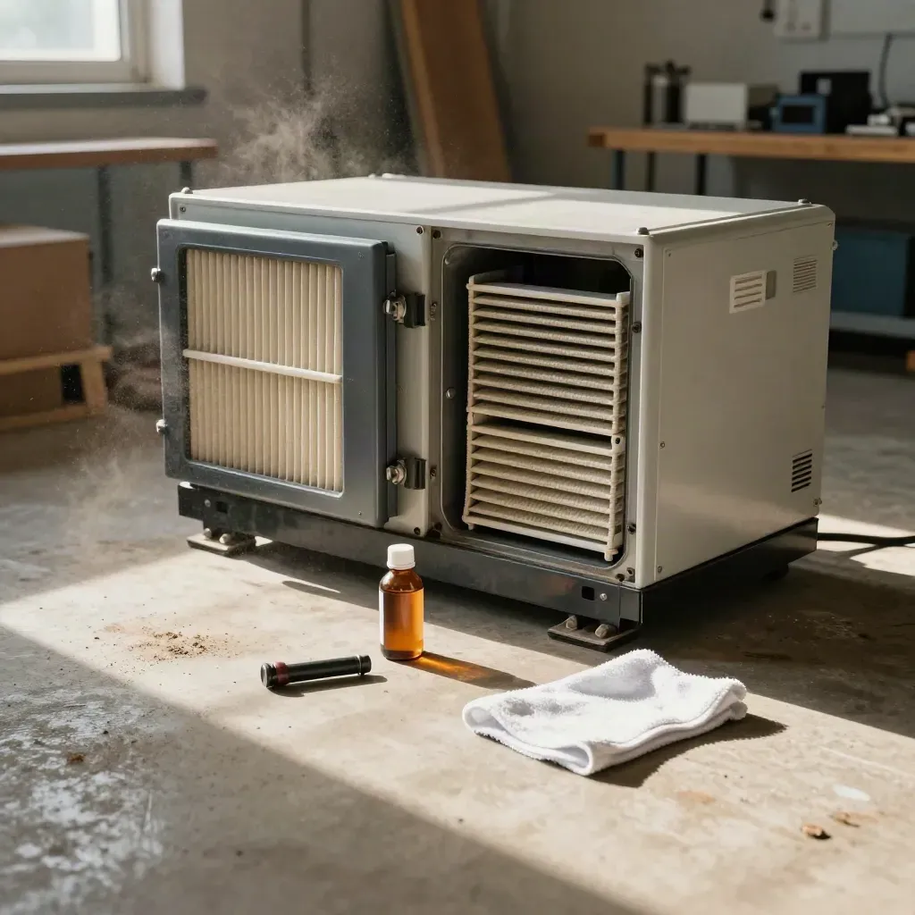 Open generator service bay with fresh filter, oil sample bottle, torch, and rag in warm afternoon light.