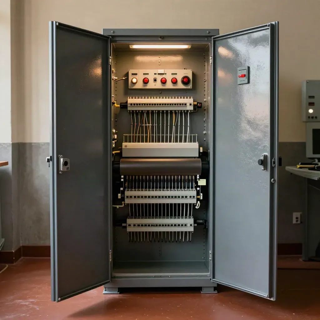 Open ATS cabinet with tidy wiring and indicator lights in a warm plant room.