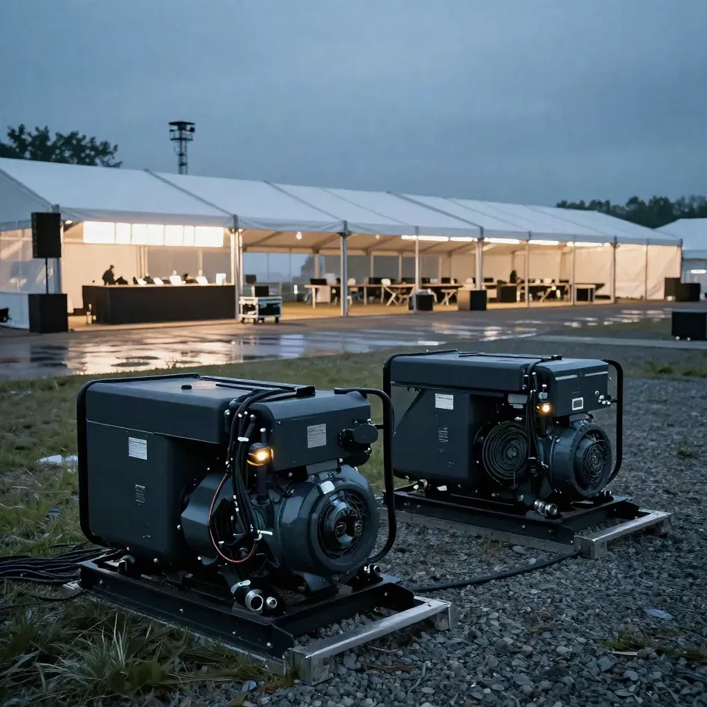 Two silent hire generators power a glowing marquee, sound tower and bar at dusk.
