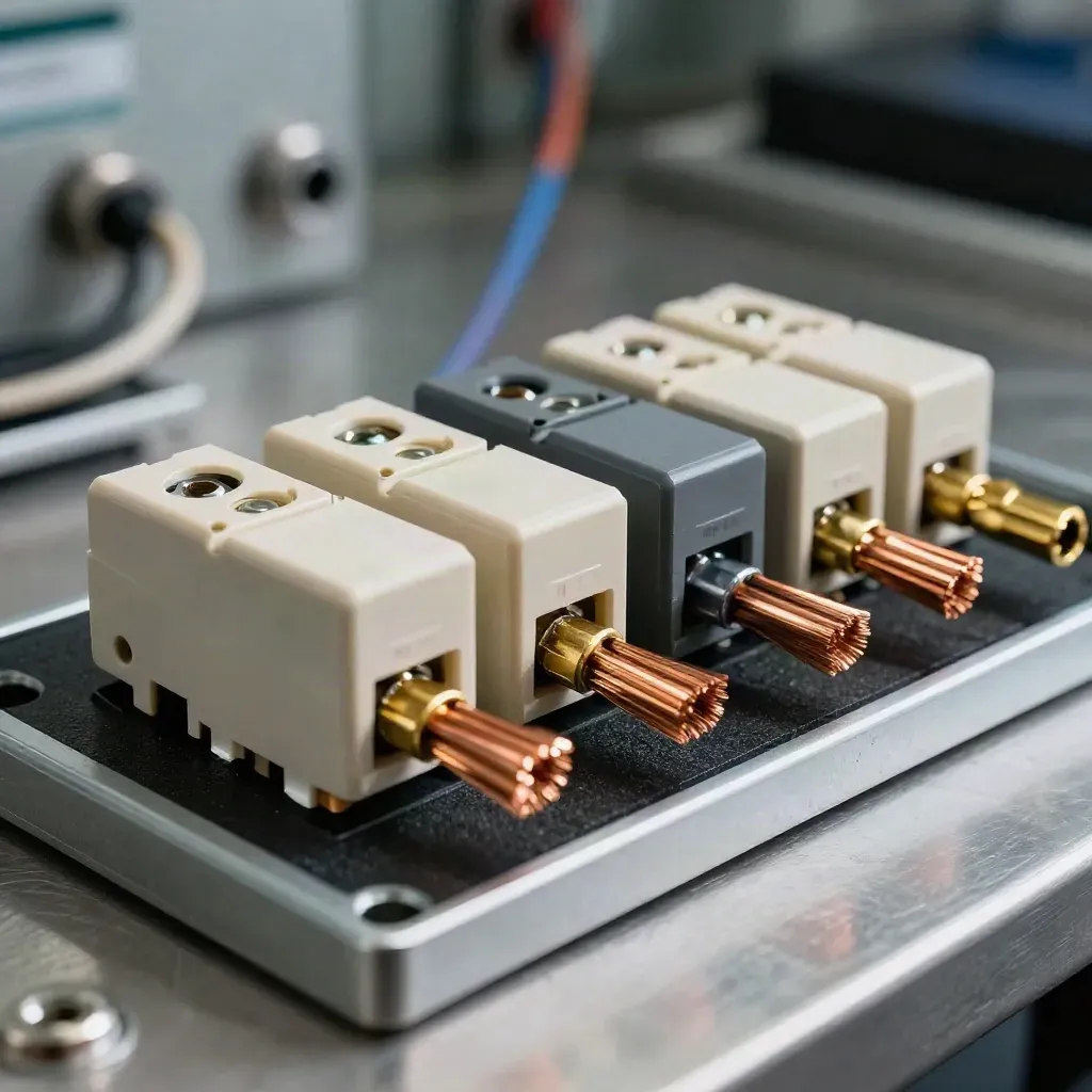 DIN rail relays and stripped control cable cores on an anti-static mat, shot in extreme macro.