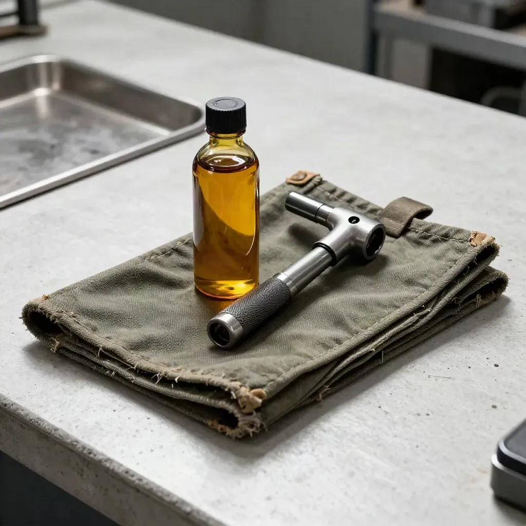 Oil sample vial, filter wrench and service torch beside a folded maintenance kit on concrete.