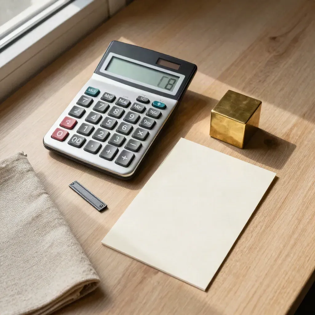 Top-down calculator, blank card and brass timing cube on pale oak wood.