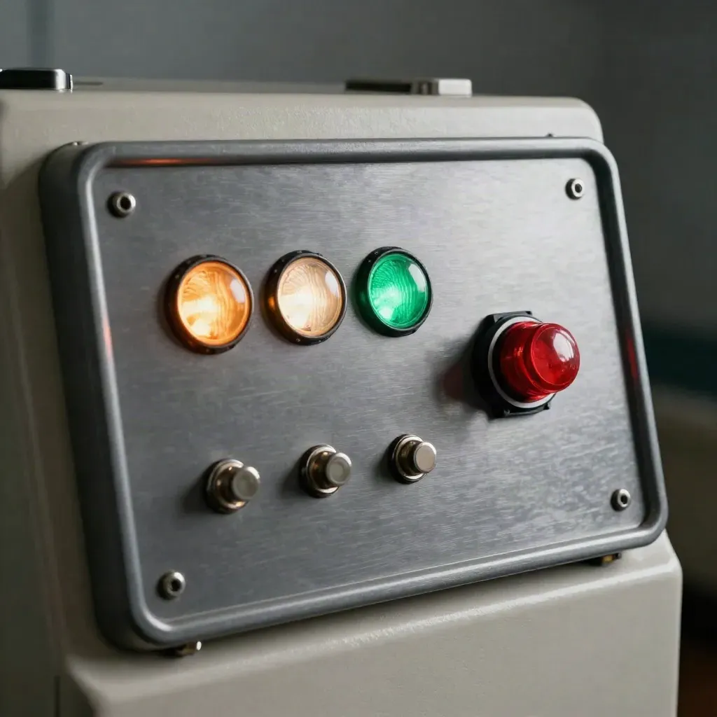 Changeover switch with test lamp and three indicator lights on a control panel