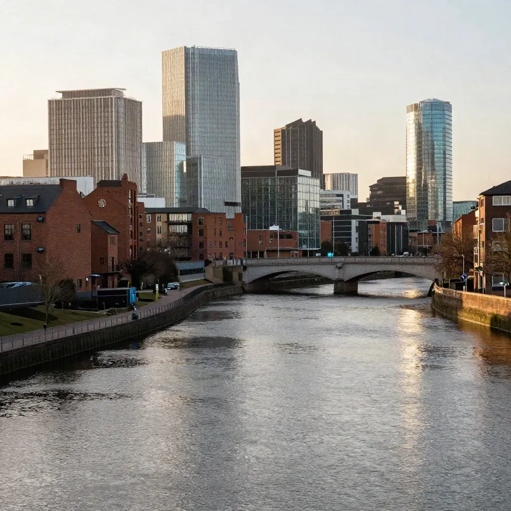 Birmingham skyline above a calm river and canal basin in warm golden haze.