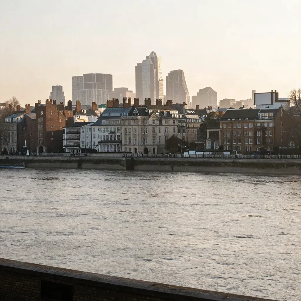 London riverfront rooftops and towers in golden mist above broad calm water.